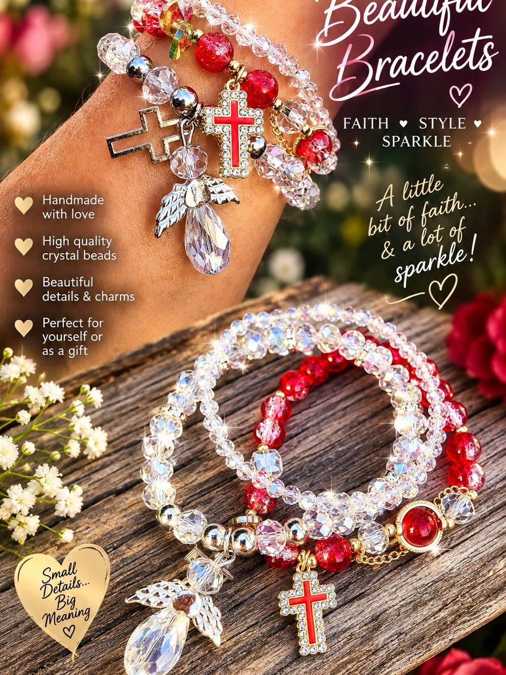 Red & Clear Crystal Cross, Angel Charm Bracelet Set